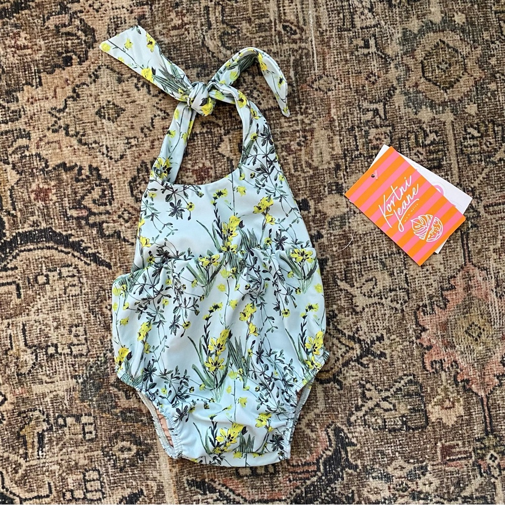 Kortni Jeane Blue Green Floral One Piece Halter Swim 6 month
